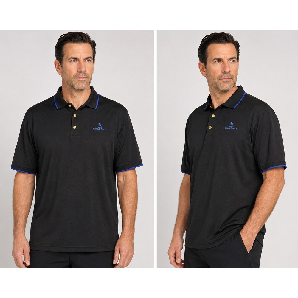 Pebble Beach Dry Luxe Performance Golf Polo Shirt Black Blue Trim Mens XL